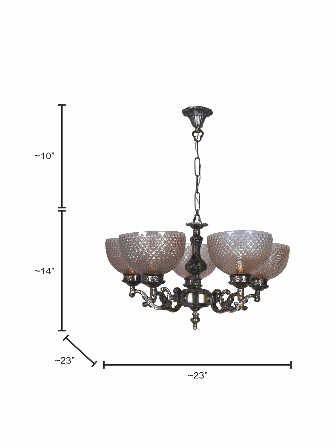 Traditional Ornate Aluminium 5-Light Chandelier with Golden Textured Glass Shades