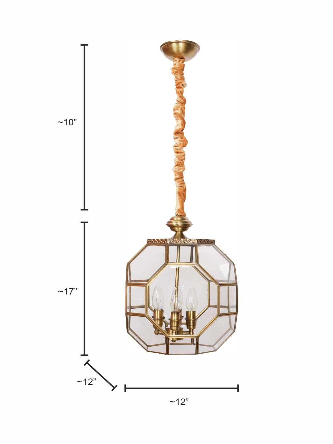 Elegant Octagonal Glass Antique Brass 4-Light Pendant Ceiling Lamp Fixture