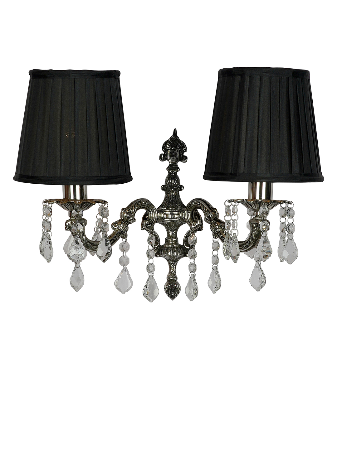 Luxury Cast Brass Crystal Double Wall Sconce with Pleated Black Shades