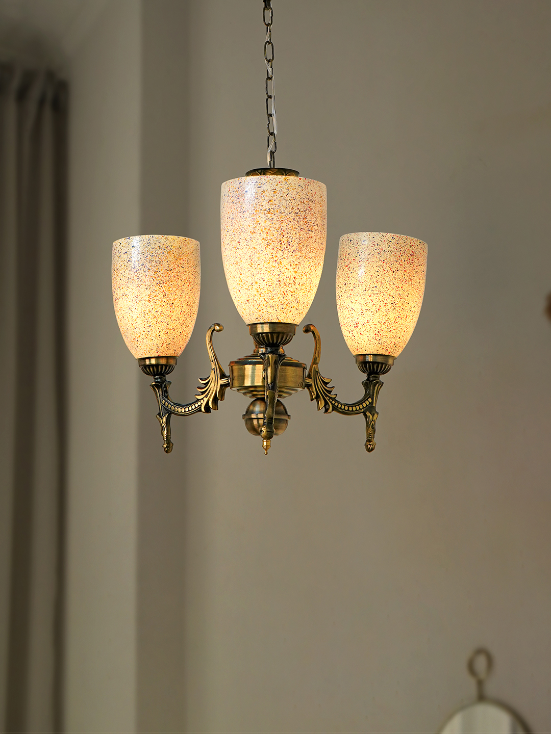 Elegant Antique Brass Steel 3-Light Mini Chandelier with Vibrant Bell Glass Shades