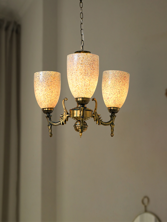 Elegant Antique Brass Steel 3-Light Mini Chandelier with Vibrant Bell Glass Shades