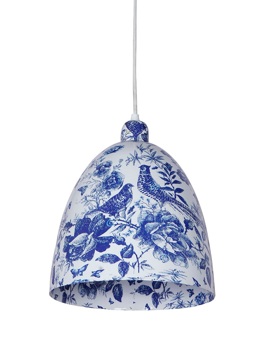 Elegant Chinoiserie Blue Pottery Bird Print Metal Bell Pendant Light for Homes