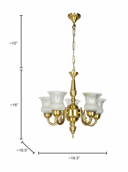 Usha 5 Light Antique Brass Chandelier with Frosted Glass Shades, Traditional Design