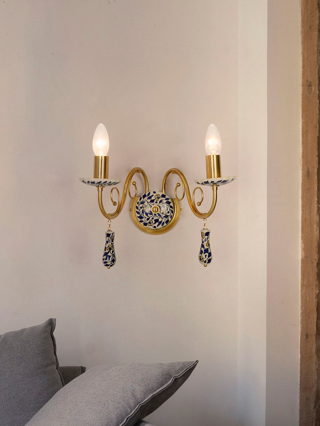 Handcrafted Blue Pottery Floral Wall Sconce: Baroque Rococo Style Ceramic Elegance