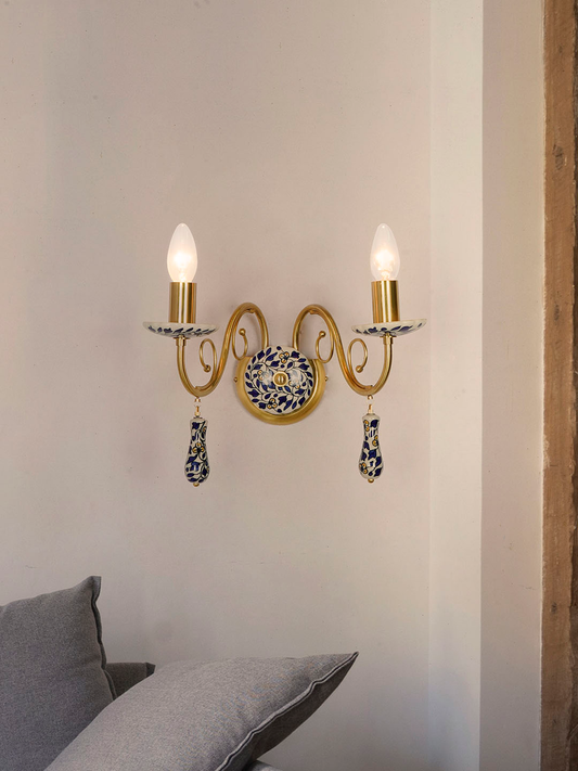 Handcrafted Blue Pottery Floral Wall Sconce: Baroque Rococo Style Ceramic Elegance