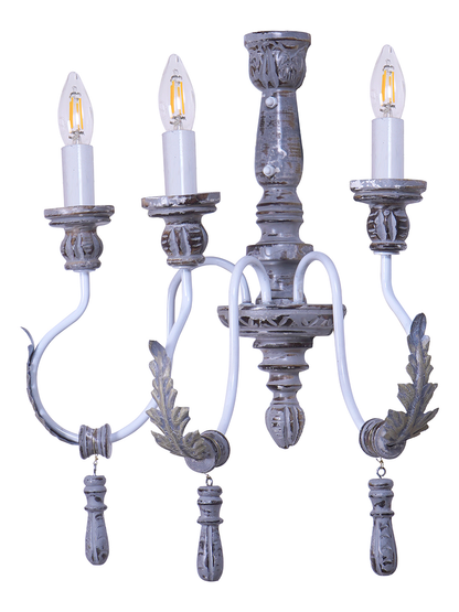 Provincial Rustic Grey Wood Wrought Iron 3-Light Candelabra Wall Sconce