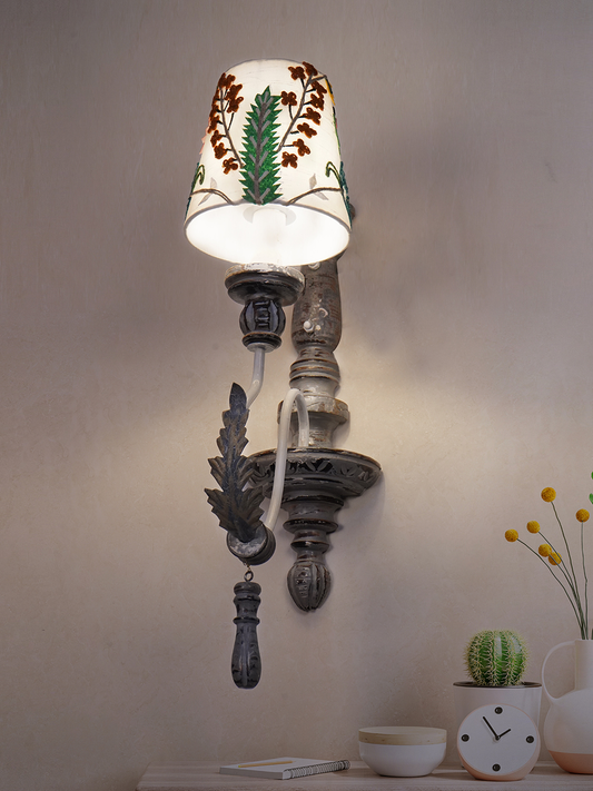 Parisian Distressed Grey Single Light Wooden Wall Sconce with Dainty Embroidered Shades