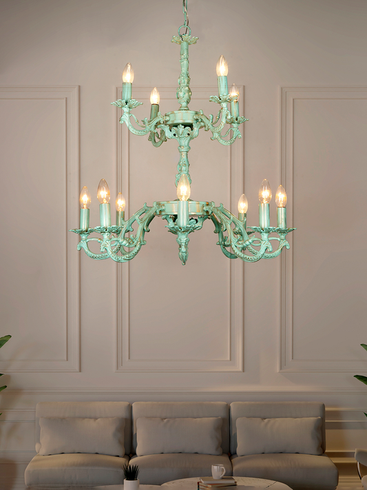 Distressed Sea Green 12-Light Two-Tier Aluminum Chandelier French Elegant