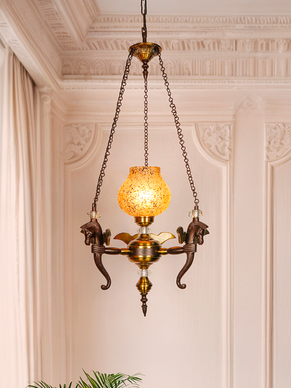 Elegant Vintage Pegasus Horse Head Pendant Chandelier with Yellow Speckled Glass