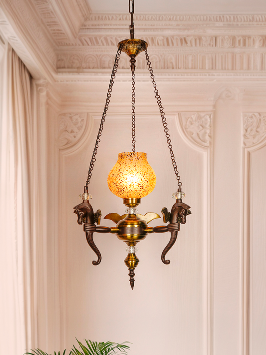 Elegant Vintage Pegasus Horse Head Pendant Chandelier with Yellow Speckled Glass
