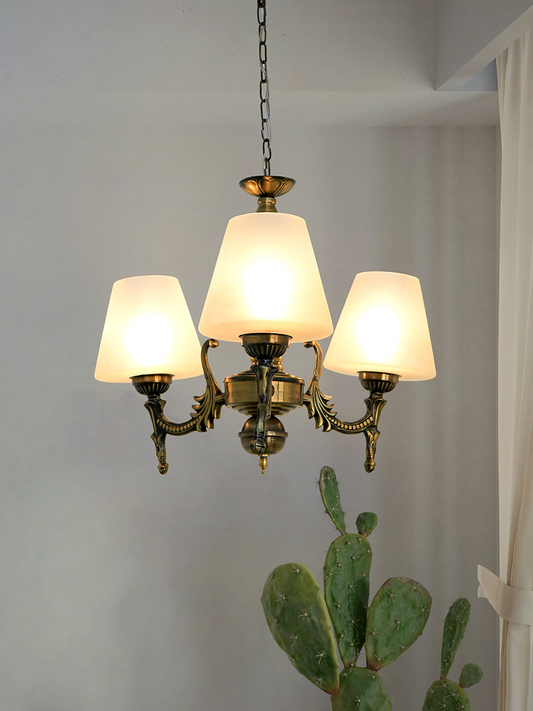 Antique Brass 3-Light Steel Chandelier with Frosted Tapered Glass Shades