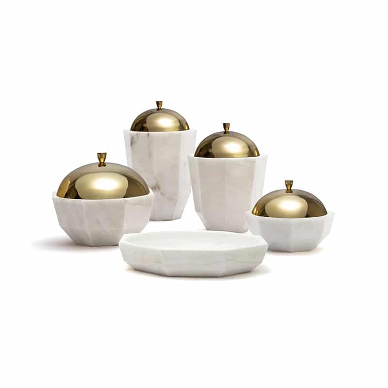 Elegant White Marble Facet Collection Bowl with Brass Lid