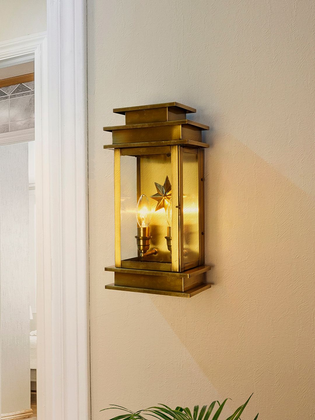 Elegant Antique Brass Art Deco Star Rectangular Wall Sconce with Glass Panels