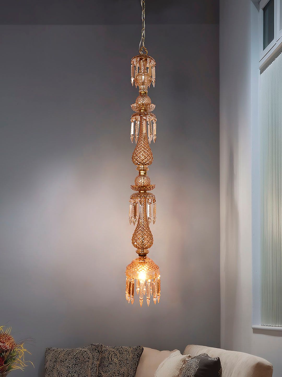 Grand Golden Luster Glass Pendant Light with Hand-Cut Crystals, 127 cm