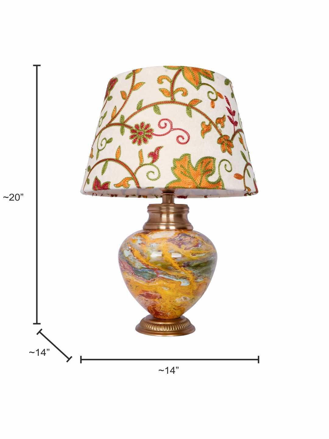 Exquisite Kashmiri Embroidered Shade Table Lamp - Metal Red Stone Pot Design