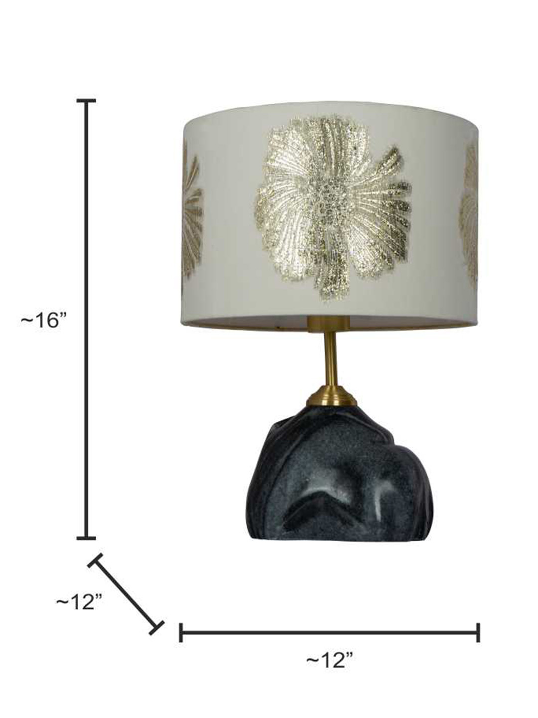 Elegant Black Marble Table Lamp with Gold Embroidered Ivory Drum Shade