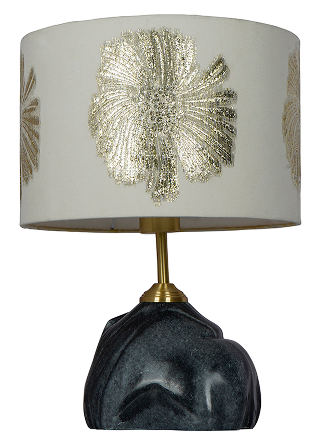 Elegant Black Marble Table Lamp with Gold Embroidered Ivory Drum Shade