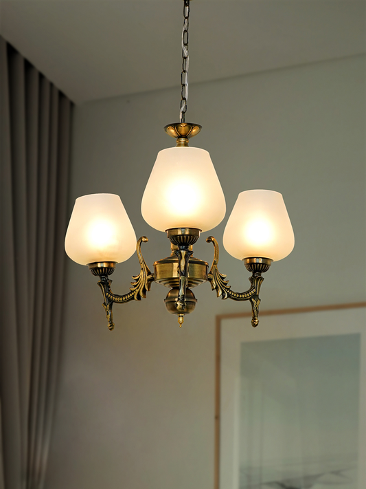 Sparkling Antique Brass 3-Light Chandelier: Frosted Goblet Shades, 16-inch Wide