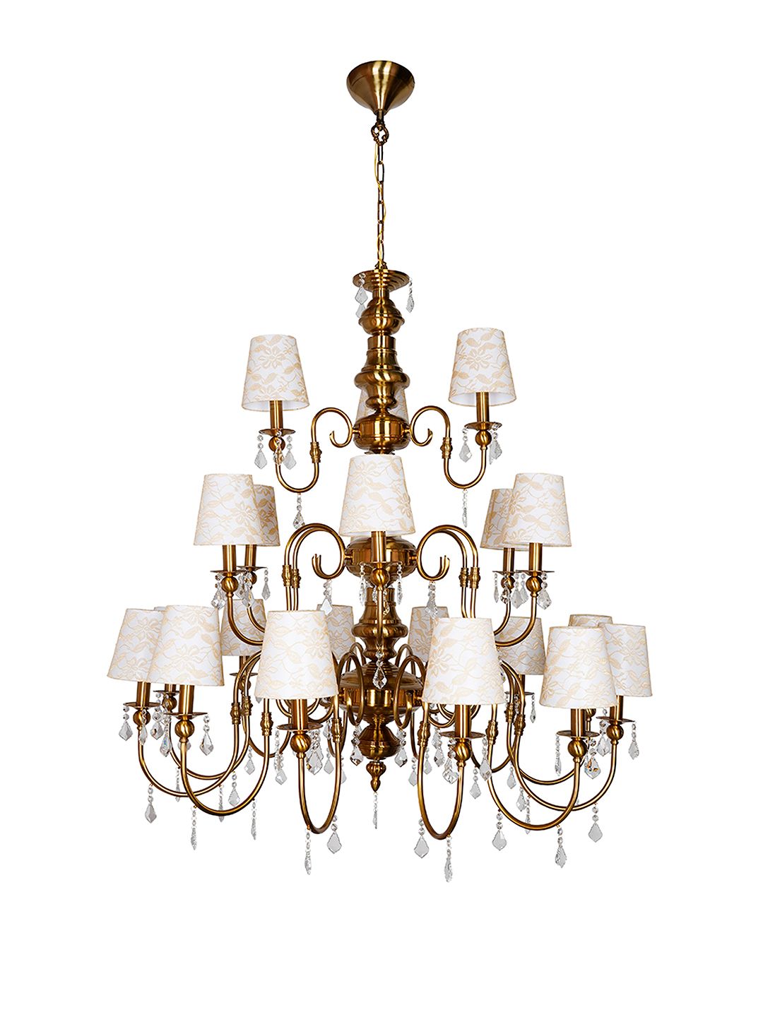 Grand Brass Antique 21-Light Chandelier, Crystal & Lace Shades, Mid-Century European Style