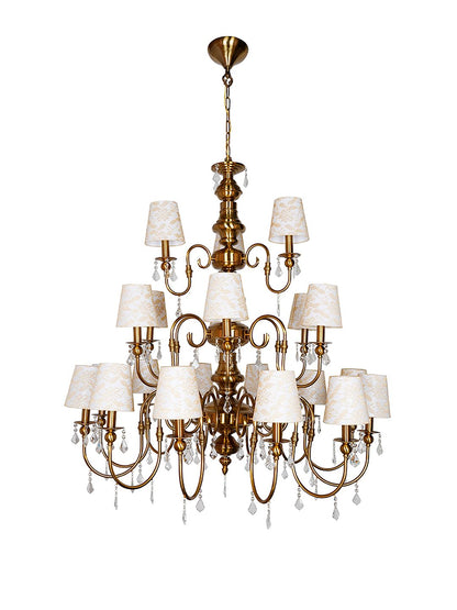 Grand Brass Antique 21-Light Chandelier, Crystal & Lace Shades, Mid-Century European Style