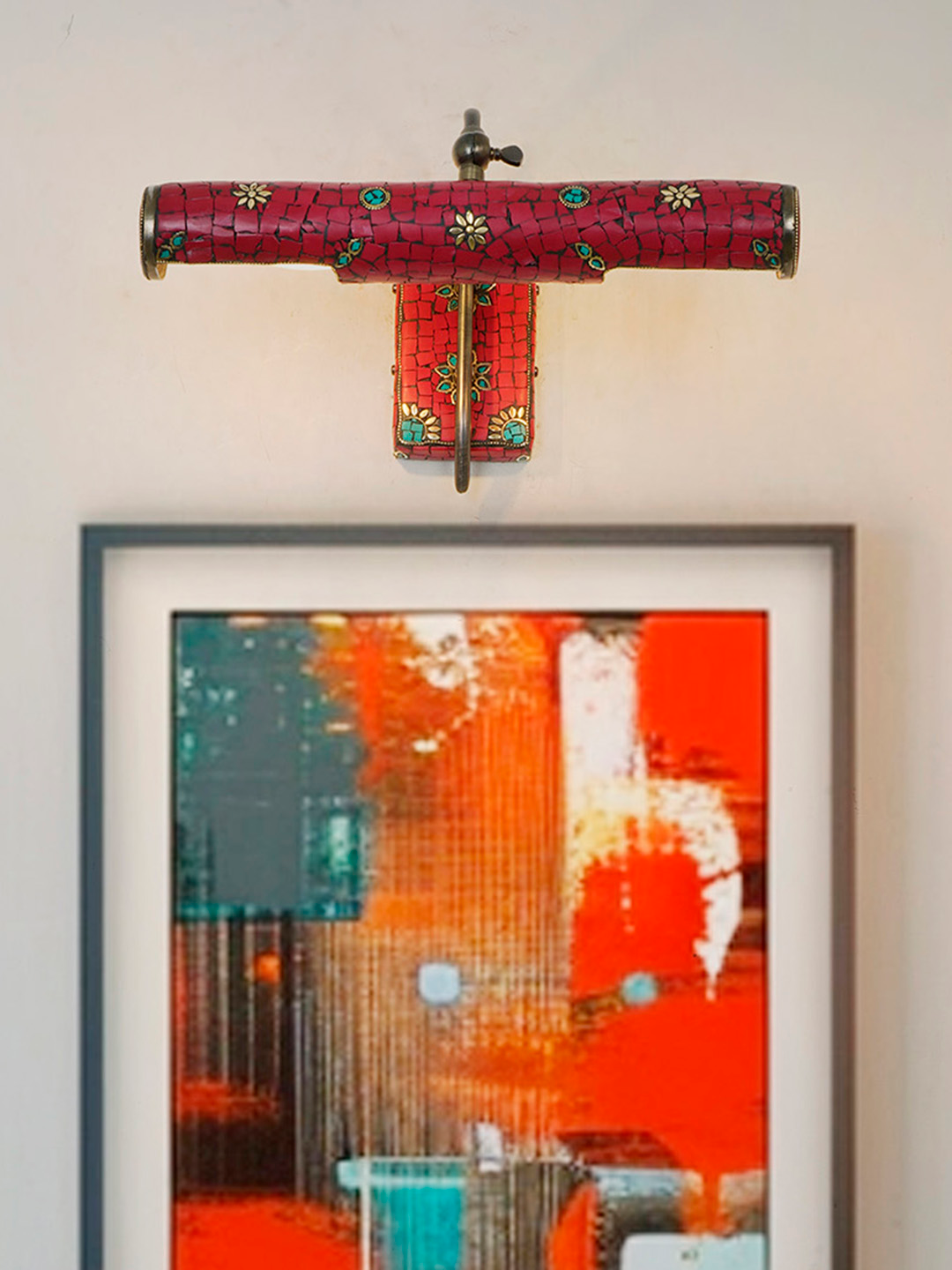 Adjustable Red Picture Light with Hand-Applied Stonework, Tibetan Nepalese Inspired