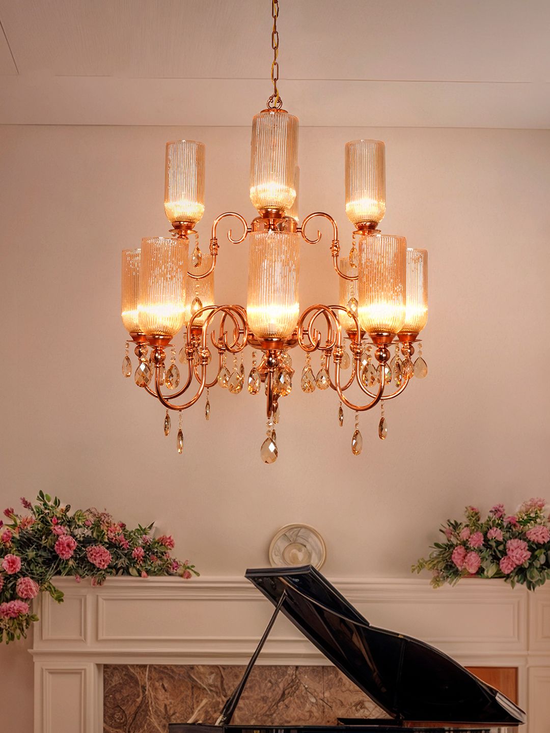 Grand Polished Copper Chandelier: Fluted Luster Glass, Honey Crystals