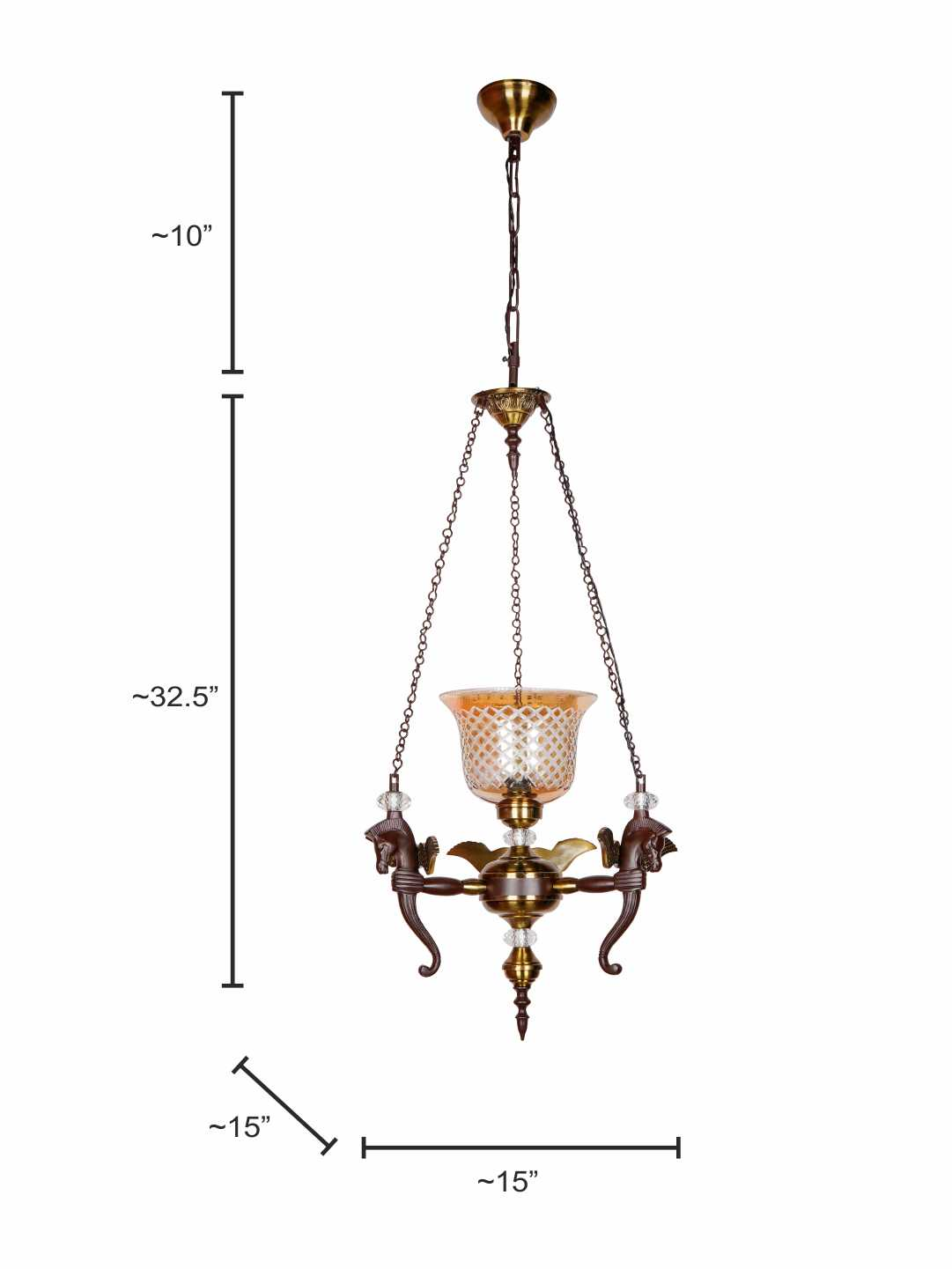 Elegant Vintage Pegasus Pendant Chandelier with Golden Luster CutGlass Shade, Crystal Accents