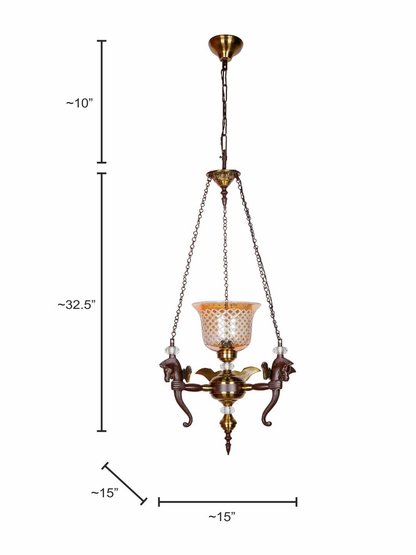 Elegant Vintage Pegasus Pendant Chandelier with Golden Luster CutGlass Shade, Crystal Accents