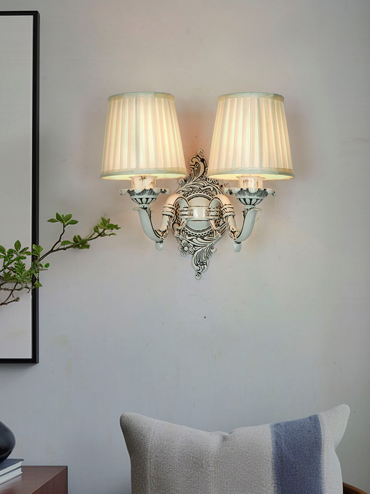 Antique White Swan Double Wall Lamp with Pleated Shades