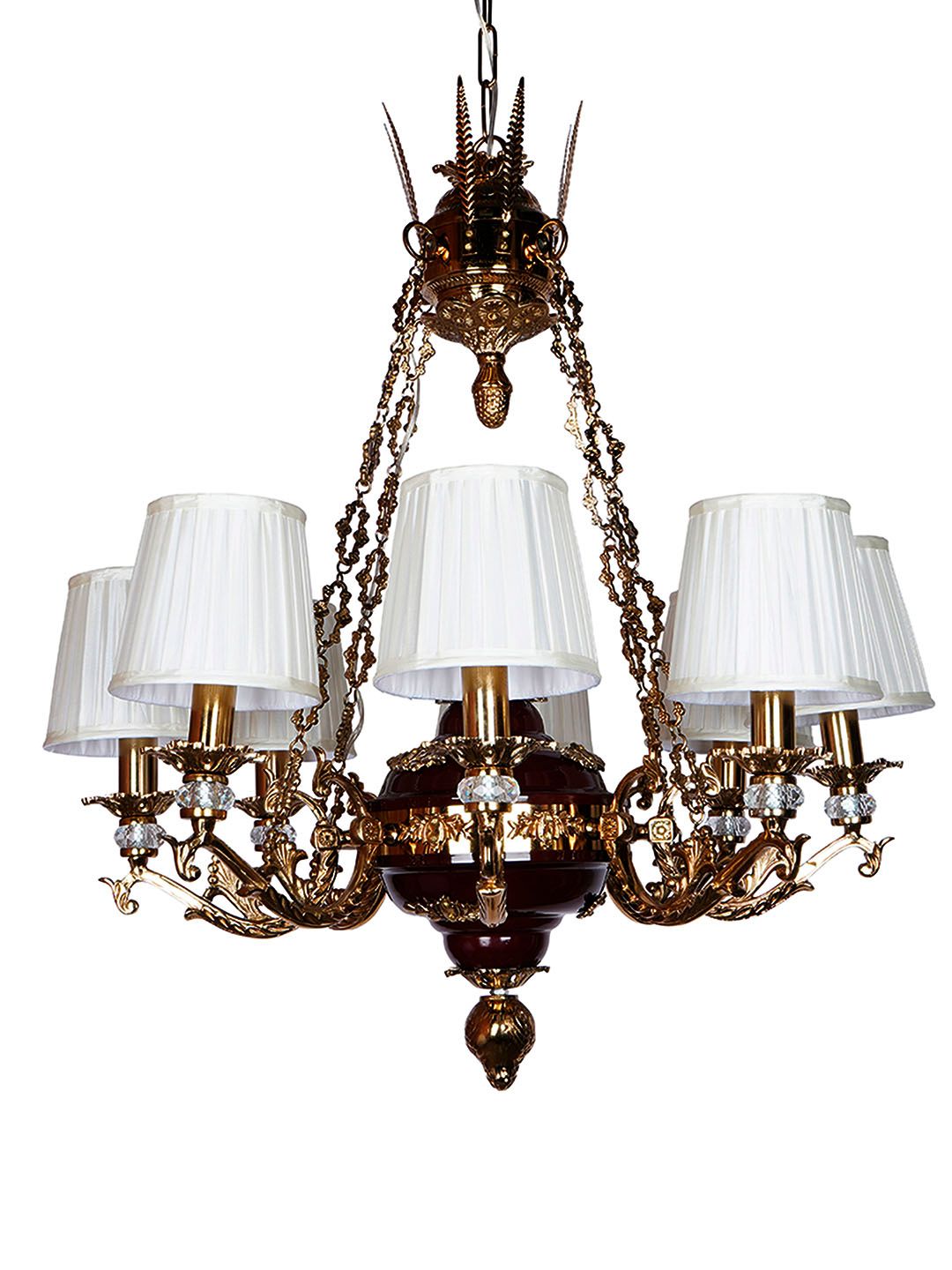 Opulent Maroon Gold 8-Light Chandelier with Off-White Pleated Shades & Crystals
