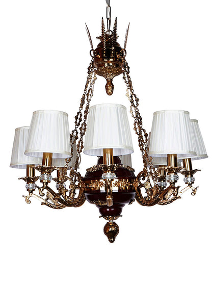 Opulent Maroon Gold 8-Light Chandelier with Off-White Pleated Shades & Crystals