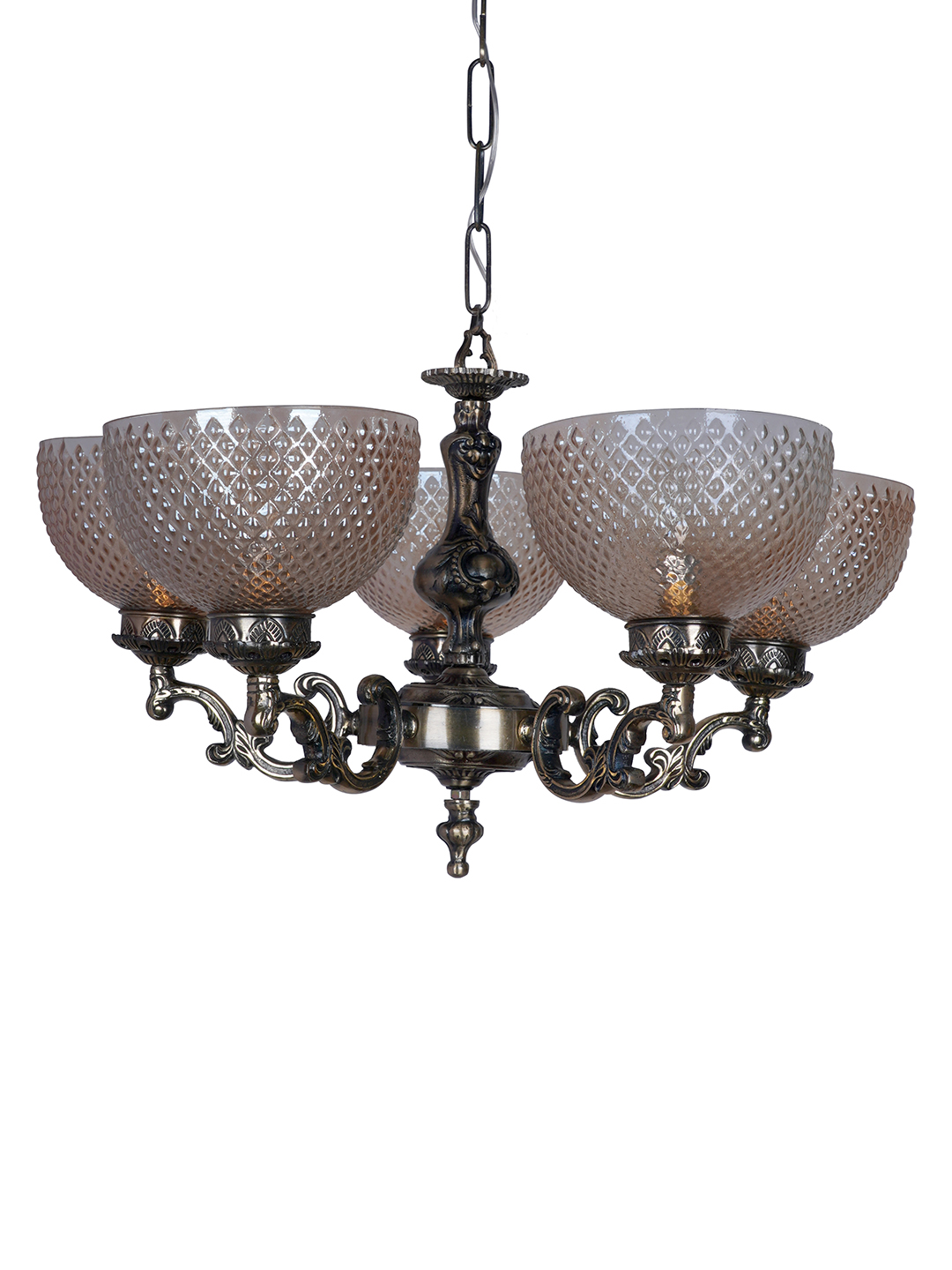Traditional Ornate Aluminium 5-Light Chandelier with Golden Textured Glass Shades