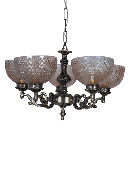 Traditional Ornate Aluminium 5-Light Chandelier with Golden Textured Glass Shades