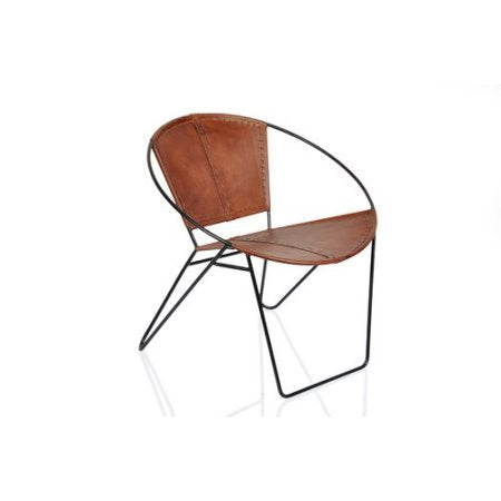 Mid-Century Modern Tobacco Genuine Leather Papasan Chair with Black Metal Frame