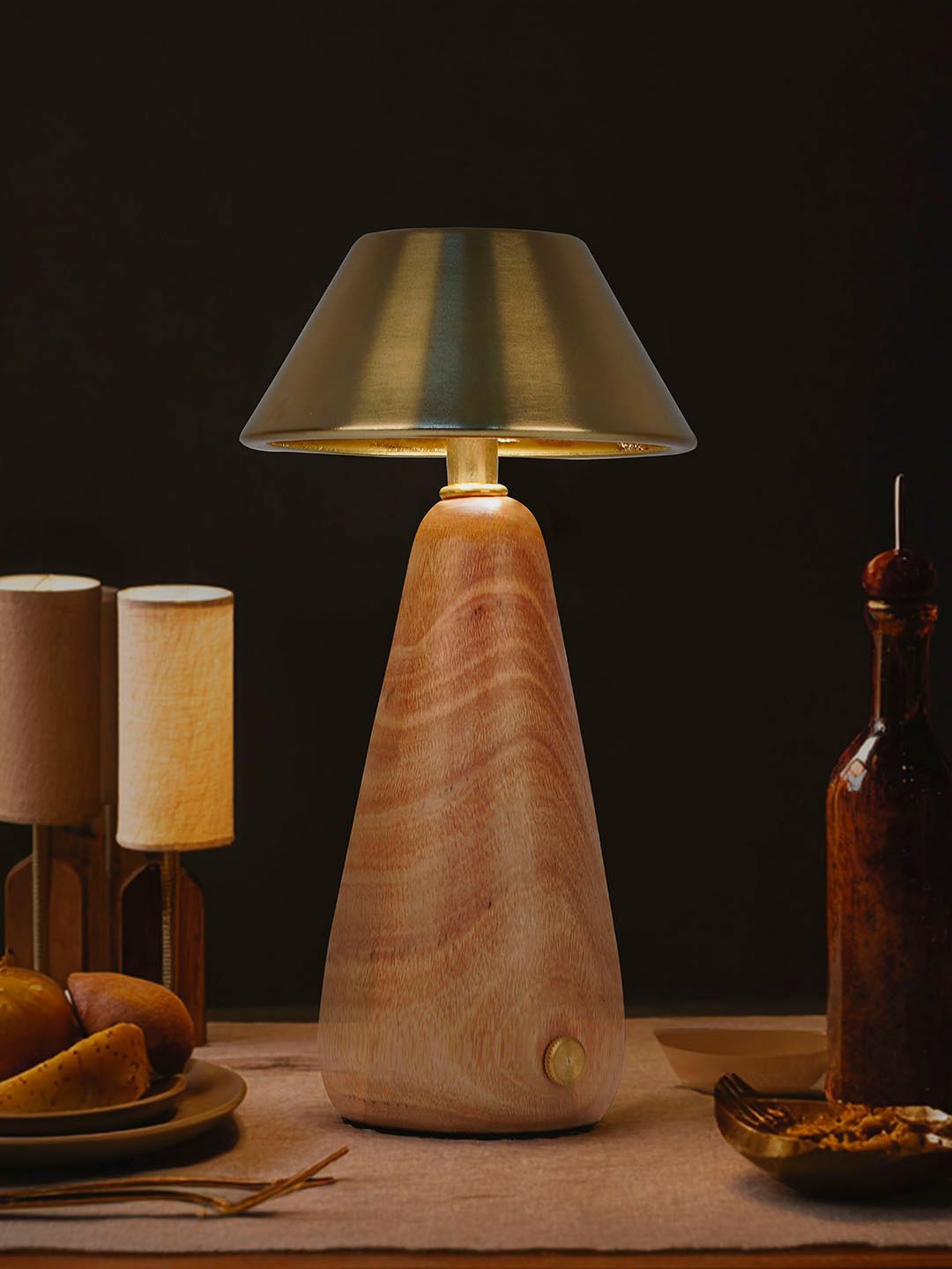 Modern Dimmable Rechargeable LED Table Lamp with Wood Base & Brass Shade