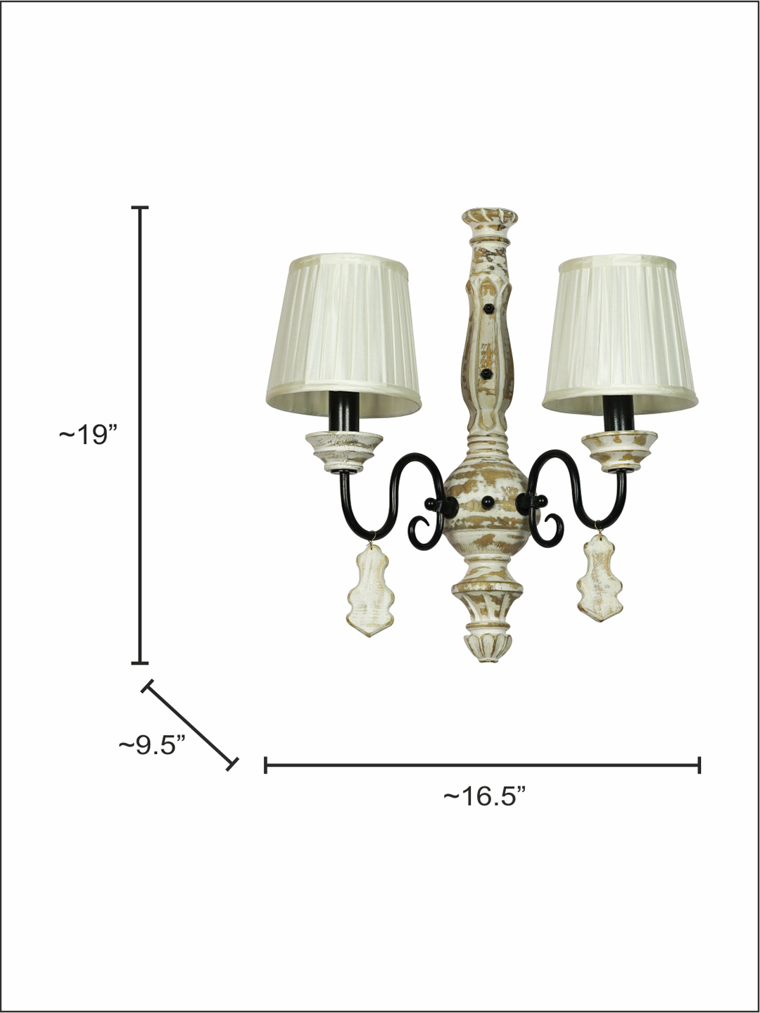 Elegant French White Distressed Wooden Rustic Double Candelabra Wall Sconce with Pleated Shades