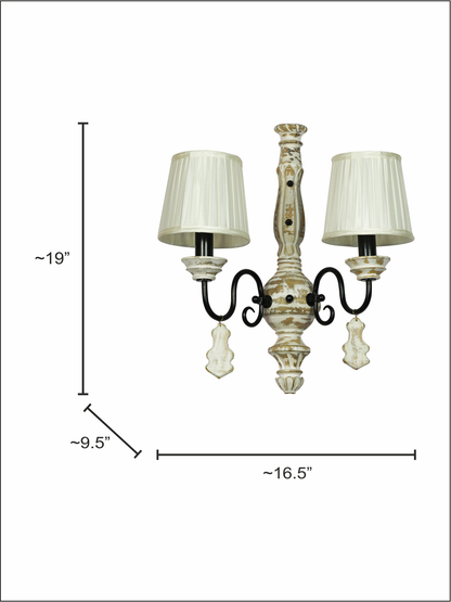 Elegant French White Distressed Wooden Rustic Double Candelabra Wall Sconce with Pleated Shades