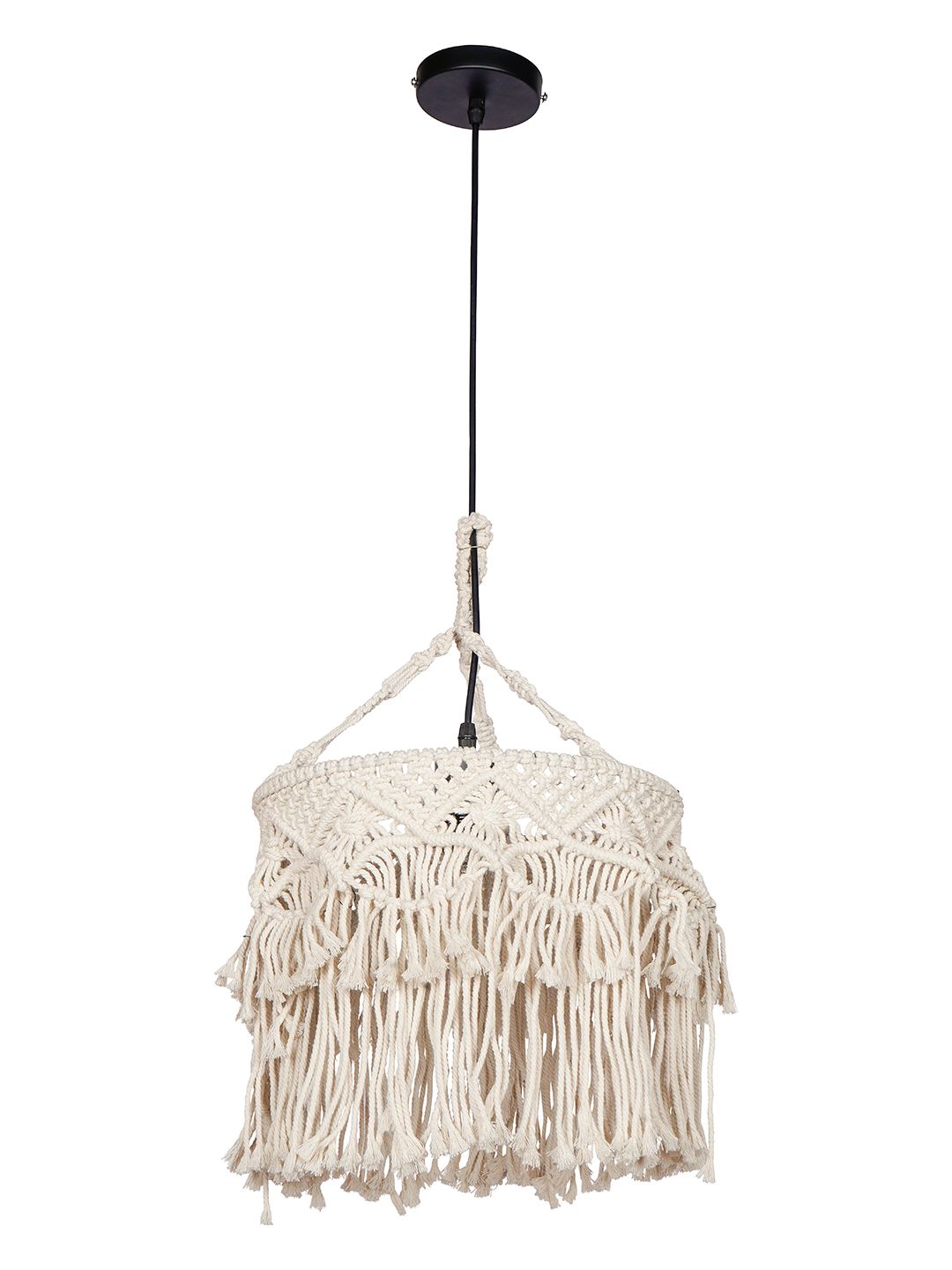 Bohemian Natural White Macrame Drum Pendant Light with Decorative Fringe