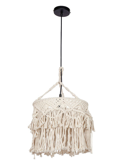 Bohemian Natural White Macrame Drum Pendant Light with Decorative Fringe