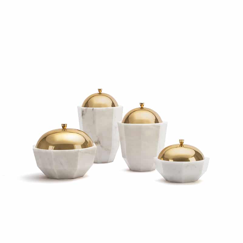 Elegant White Marble Facet Collection Bowl with Brass Lid