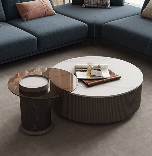 JLO Modern Coffee Table Set of 2: White Marble Top, Steel Legs, Wood Finish