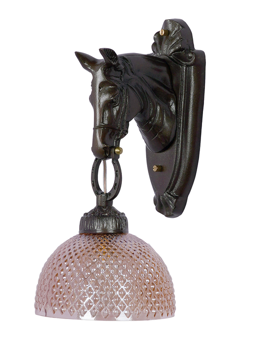 Elegant Medieval Brown Stallion Wall Light with Golden Textured Glass Shade