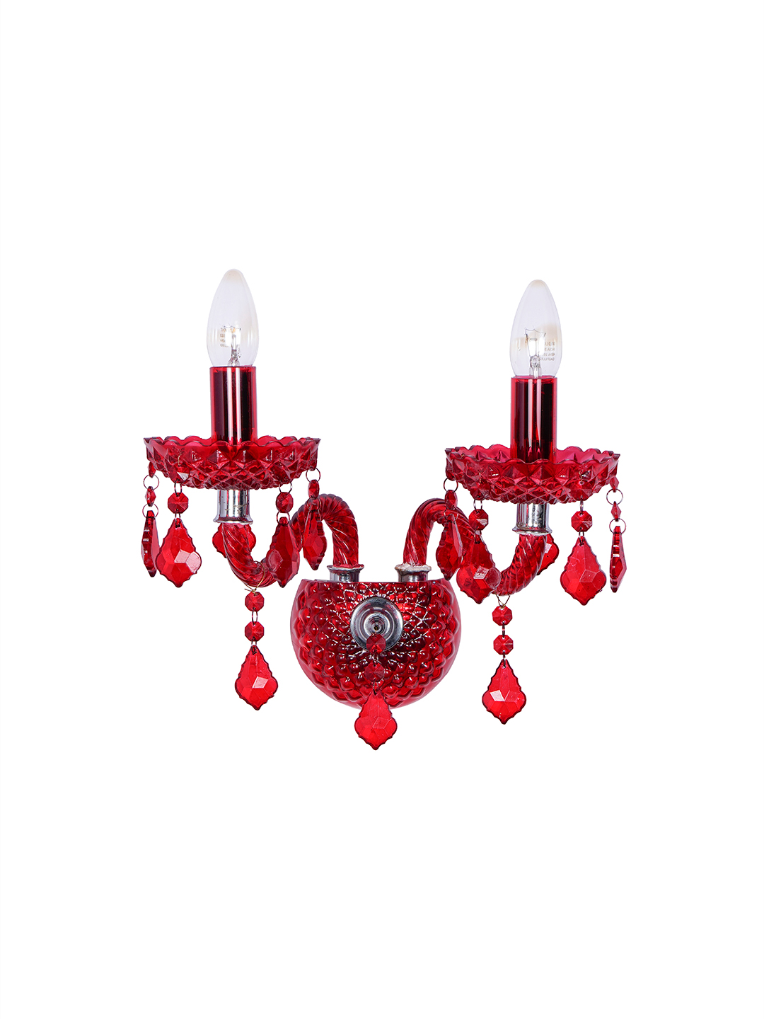 Luxurious Red Glass 2-Light Wall Sconce, S-Shaped Candelabra & Pendeloque Crystals