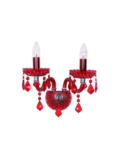 Luxurious Red Glass 2-Light Wall Sconce, S-Shaped Candelabra & Pendeloque Crystals
