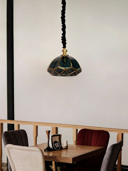 Elegant Black Glass Tiffany Style Dome Pendant Light Brass Accents