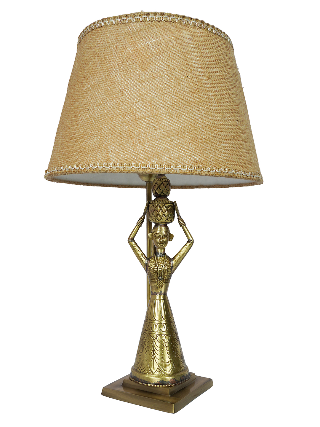 Exquisite Antique Rajasthani Brass Kalash Table Lamp with Tapered Jute Shade