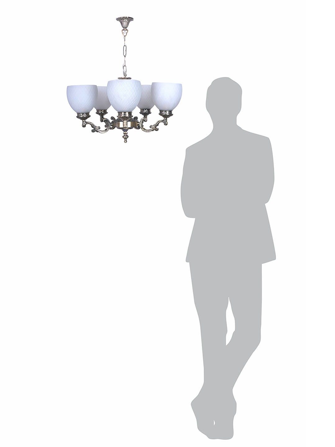Ornate Antique Brass Aluminium 5-Light Chandelier with Frosted Diamond Glass Shades