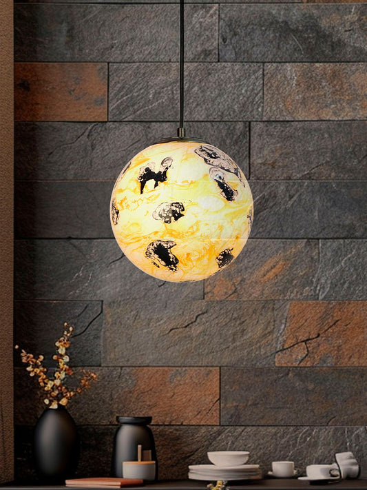 Artistic Yellow Black Marble Glass Globe Pendant Light - Antique Brass Finish