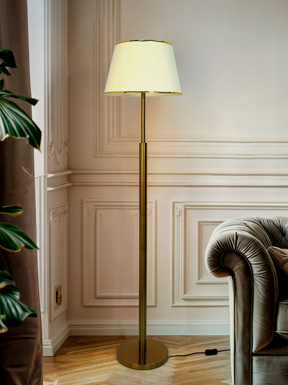 Elegant Antique Brass Double Pipe Floor Lamp with Cream Tapered Fabric Shade