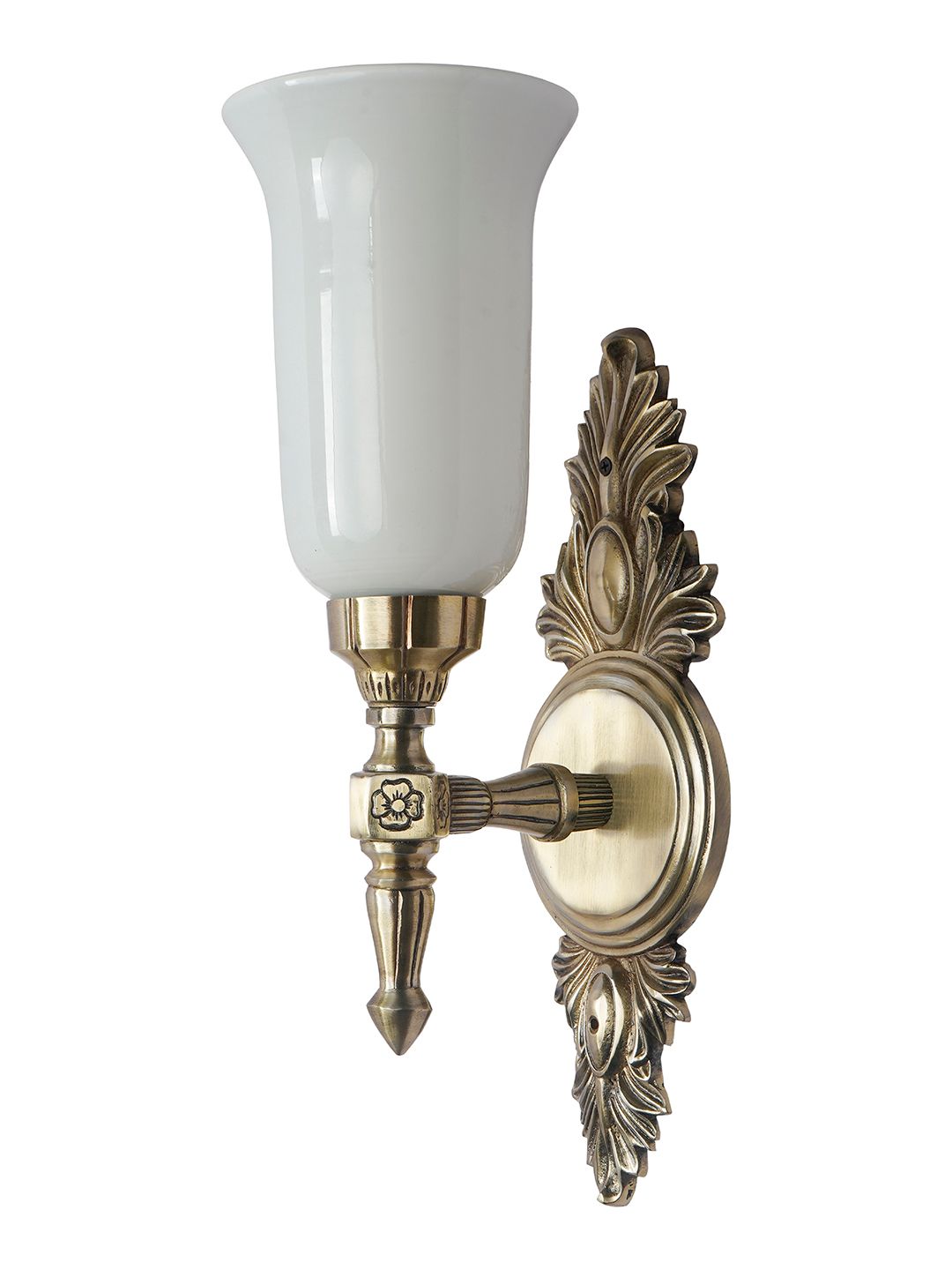 Traditional Antique Brass Aluminium Torch Wall Sconce, Milky White Glass Shade
